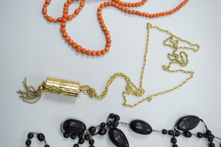 Two coral necklaces and a group of costume jewels, comprising: two coral bead necklaces, each with a gold clasp, combined gross weight approximately 35 grams; together with a simulant pearl necklace and pair of earrings